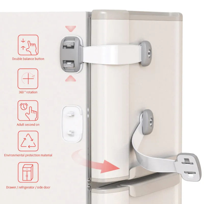 Grey and green adjustable adhesive child safety lock straps for cabinets and drawers.