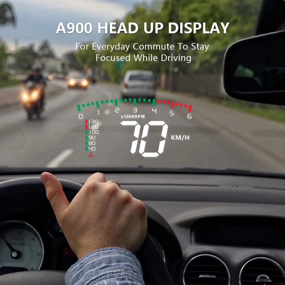 Black automotive head-up display with 3.5 inch LED screen, OBD interface, 90 x 54 x 12 mm ABS PC housing
