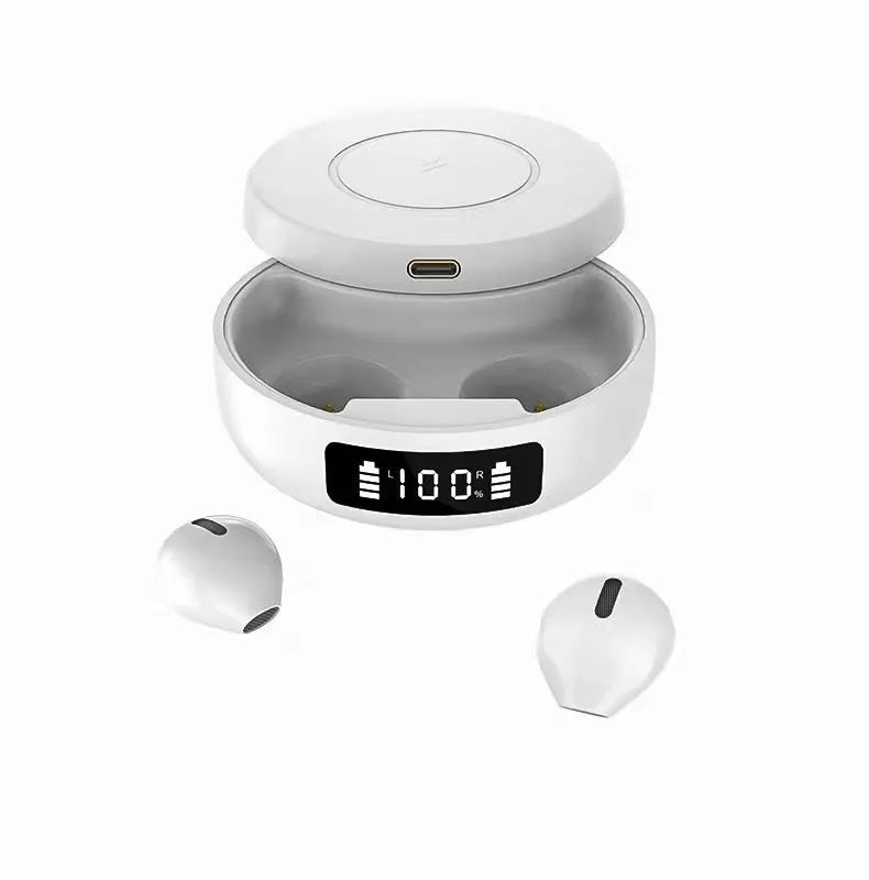 Black wireless semi-in-ear headphones with charging compartment showing compact design and 8mm speaker units