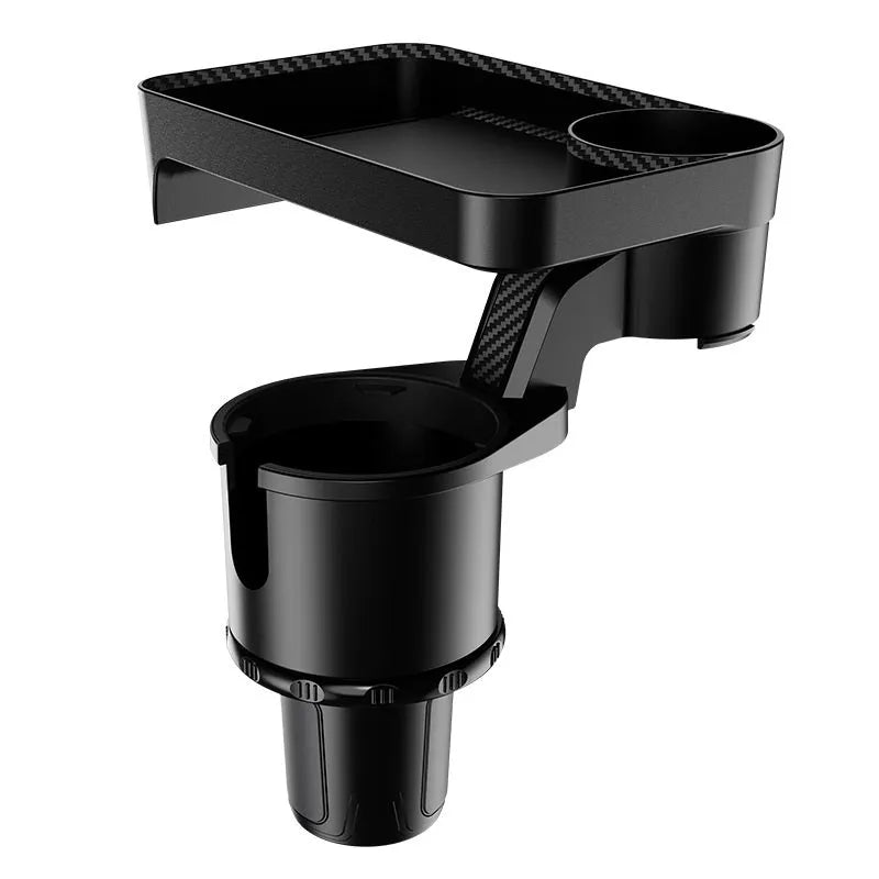 Black car-mounted rotating dinner tray holder installed in vehicle cup holder showing 360-degree rotation capability
