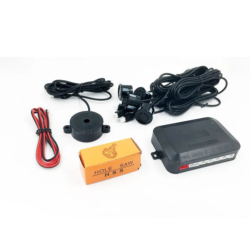 4-probe buzzer reversing radar system with sensors, control module, and installation tools for vehicle parking safety