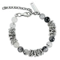 Hip hop black hair crystal bracelet with polished steel links, silver tone, 18cm plus 5cm extended chain