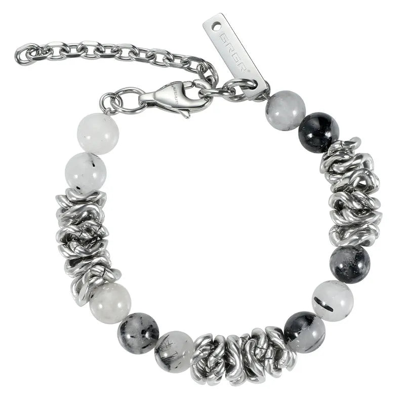 Hip hop black hair crystal bracelet with polished steel links, silver tone, 18cm plus 5cm extended chain