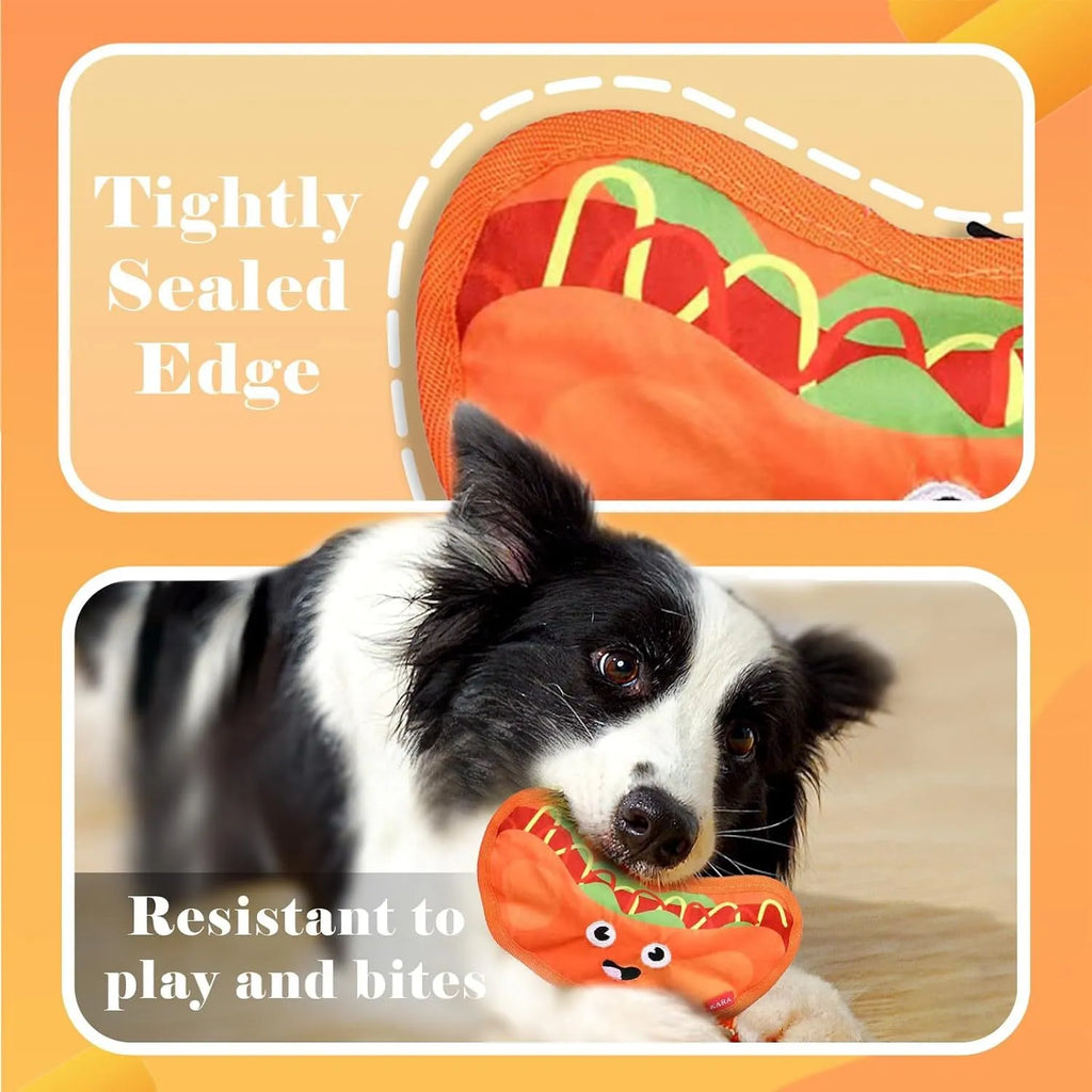 Set of four colourful fast-food shaped dog toys: hamburger, fries, hot dog, and pizza, featuring crinkle and squeak sounds.