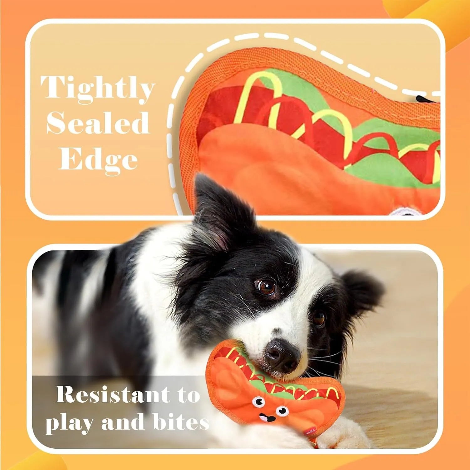 Set of four colourful fast-food shaped dog toys: hamburger, fries, hot dog, and pizza, featuring crinkle and squeak sounds.