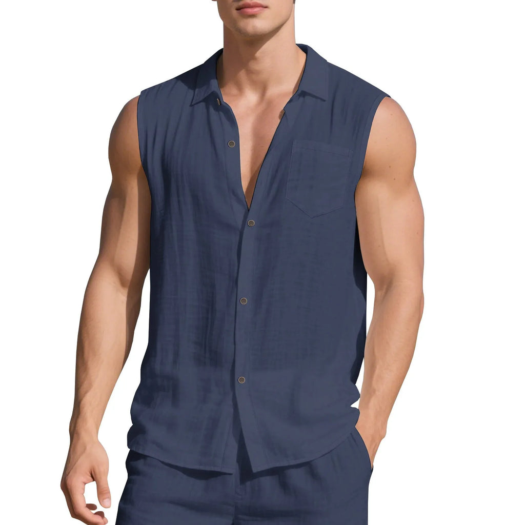 Man wearing sleeveless linen cardigan vest in light blue colour with open front design