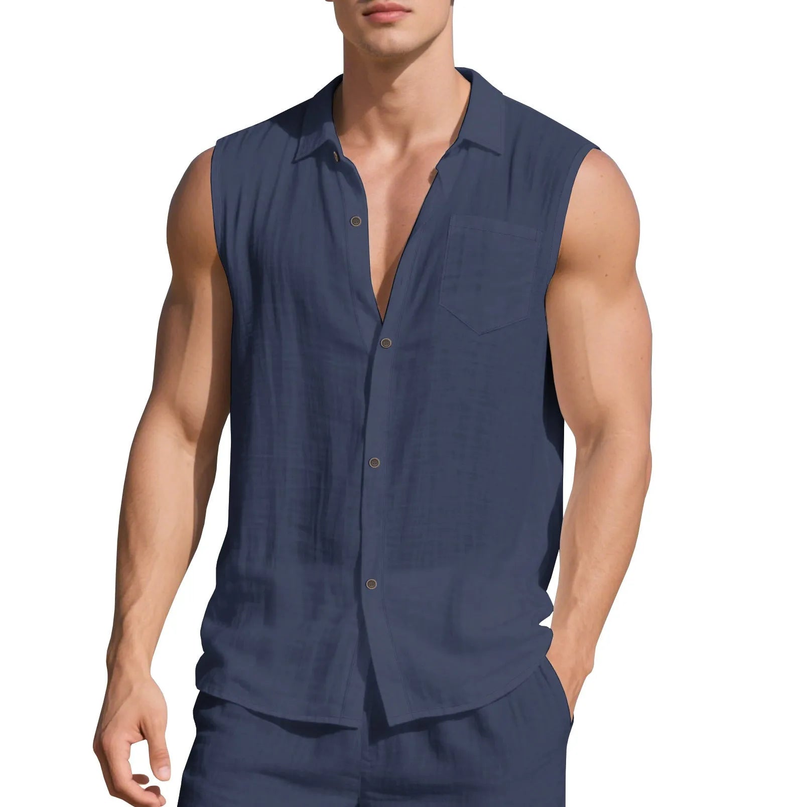 Man wearing sleeveless linen cardigan vest in light blue colour with open front design