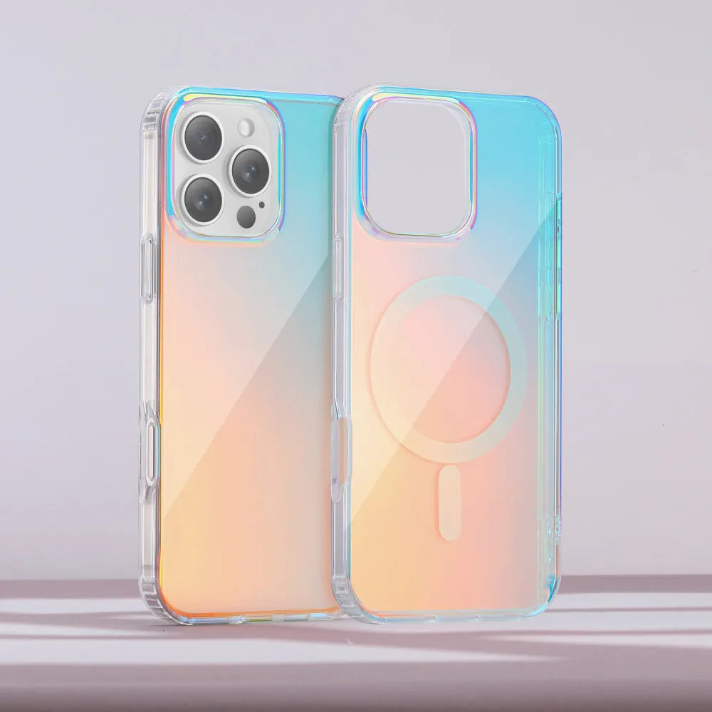 Glossy transparent iPhone case with chameleon colour effect on iPhone 14 Pro