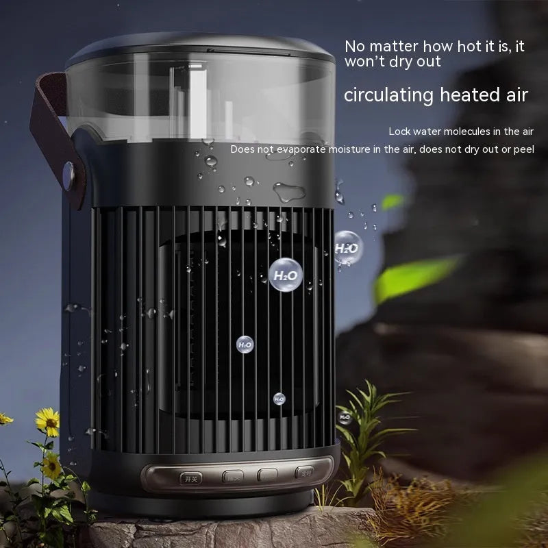 Black portable heater and humidifier with 2000W PTC heating, 24cm compact size, front-panel controls, and shaking head air supply