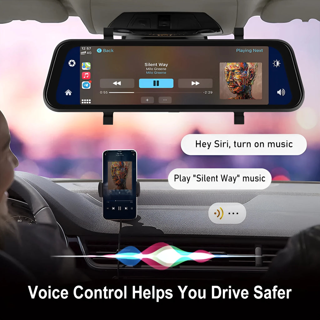 9.66-inch touchscreen car dash cam with CarPlay and Android Auto mounted as a rear-view mirror.