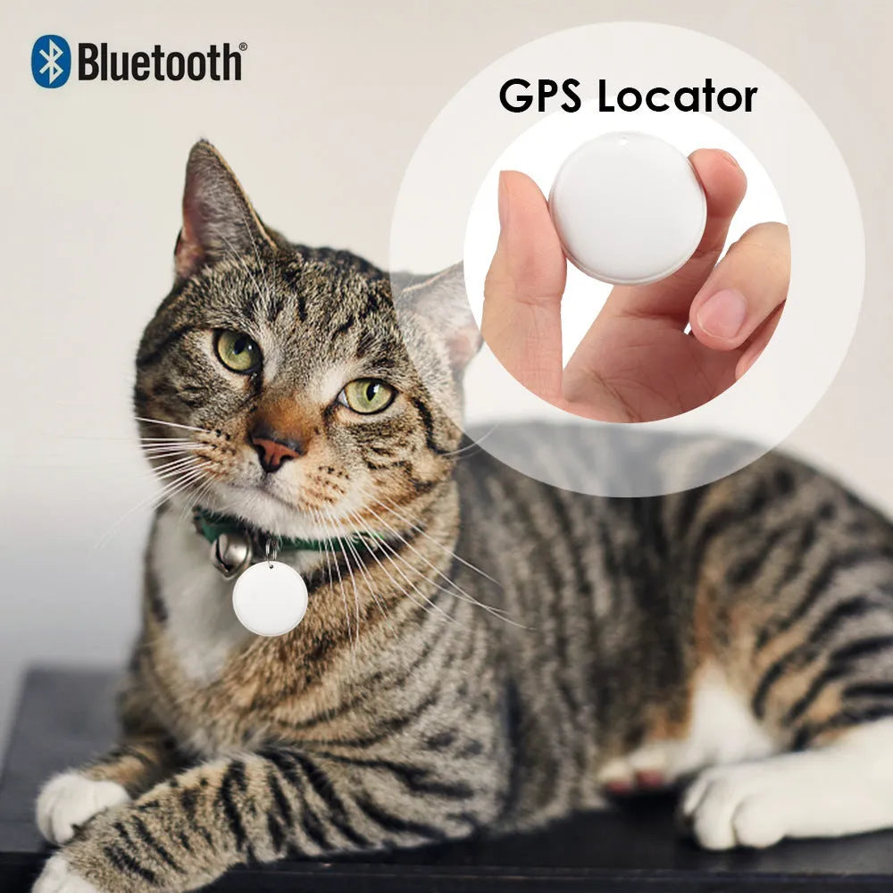 White or black GPS tracker device with hanging rope for attaching to pet collars or keychains, showing compact size of 32mm by 32mm by 9mm.