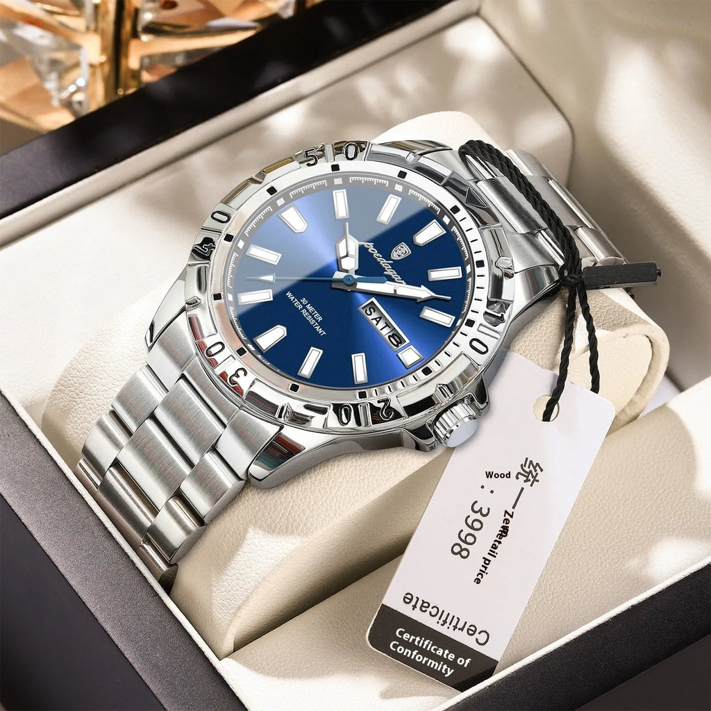 Swiss men's waterproof luminous casual watch with silver case and green dial, 6mm thickness