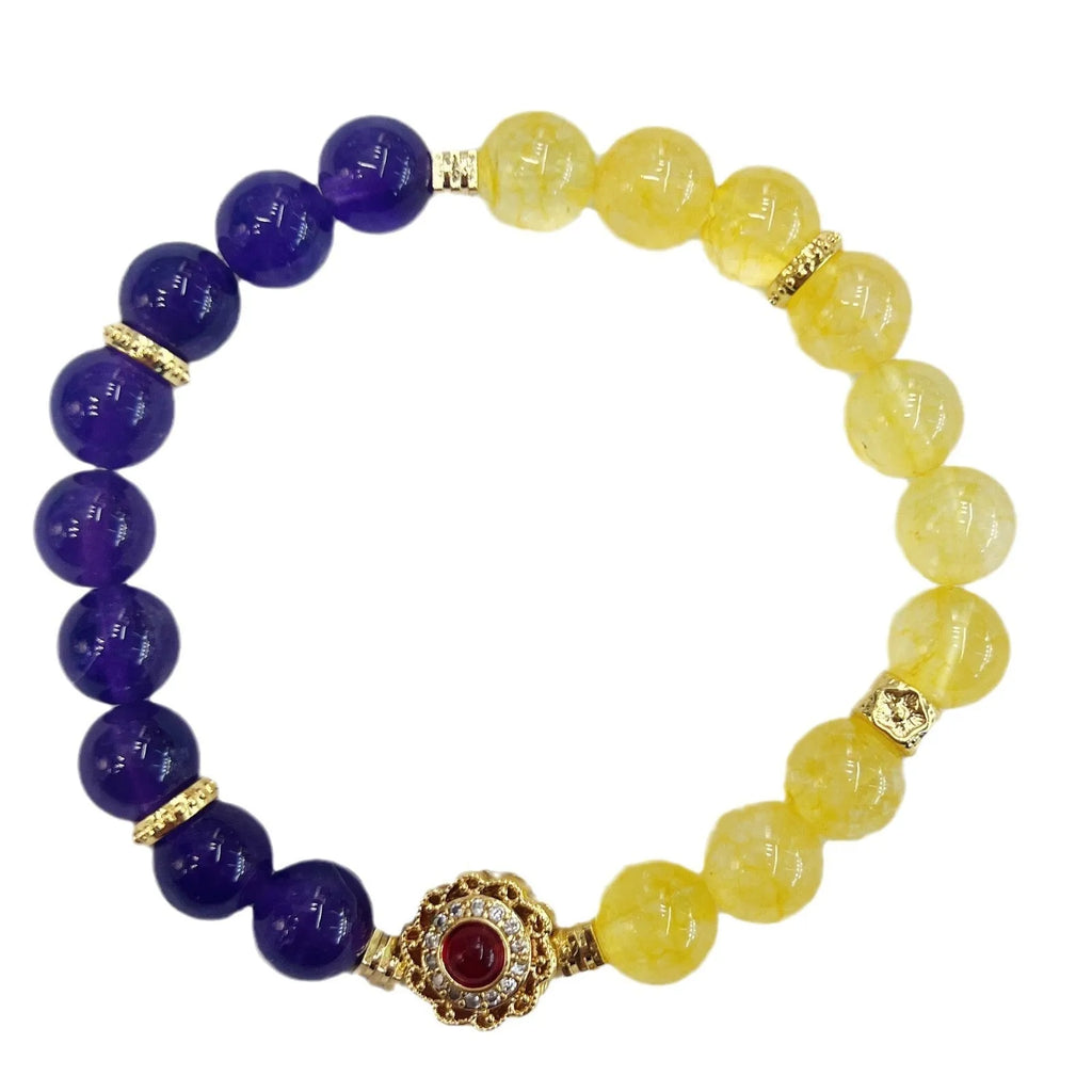 Handmade women's crystal bracelet with yellow and purple amethyst stones, manual craftsmanship