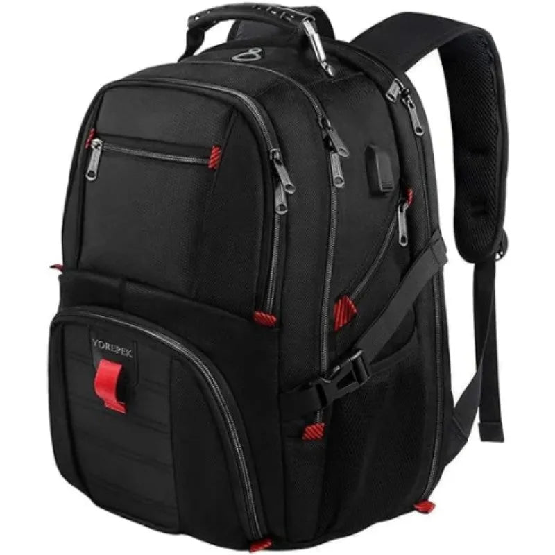 Large unisex USB charging backpack in black, showing front design and curved shoulder straps.