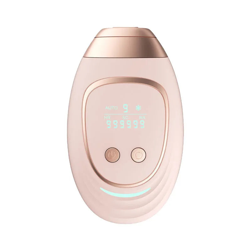 Pink and white IPL laser hair removal device with cooling system, charging cable, shaver, and safety glasses