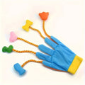 Magic Glove plush cat toy measuring 40cm by 11cm with integrated bell in yellow and blue colour options