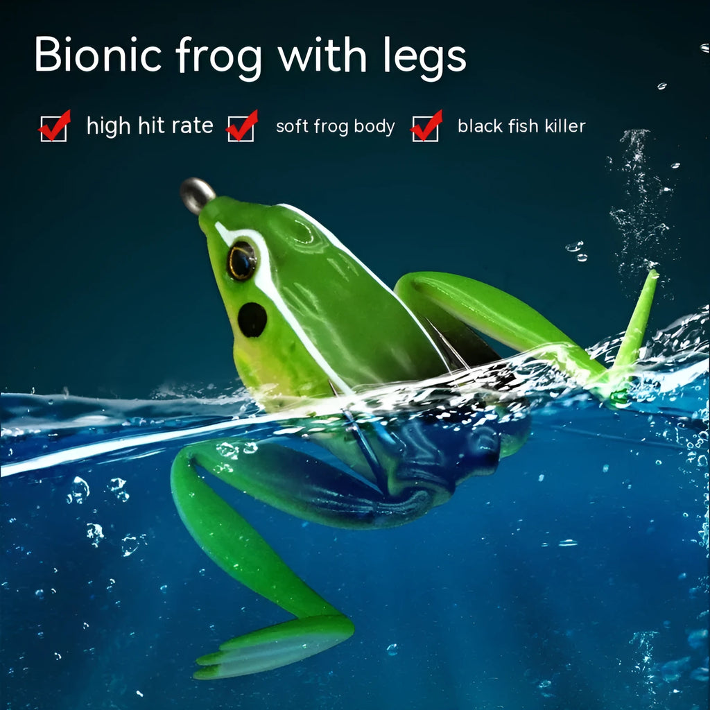 Realistic frog snake head shaped soft plastic fishing lure with double hooks in grass green colour.