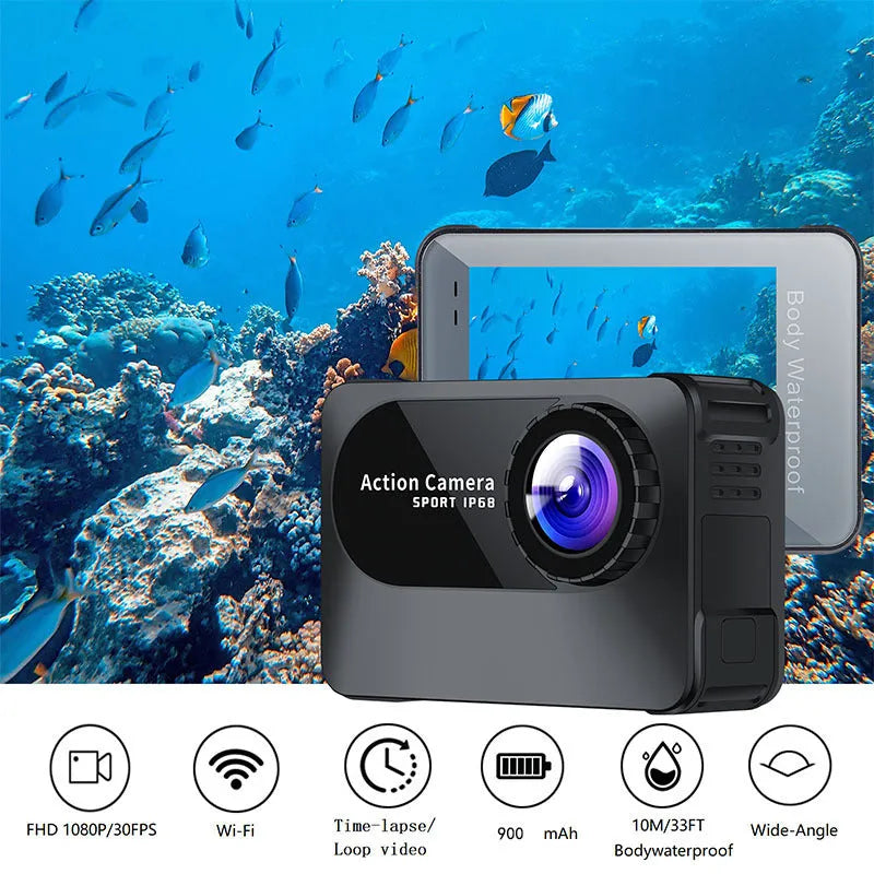 Black touchscreen sports action camera with 170 degree wide angle lens showing compact dimensions