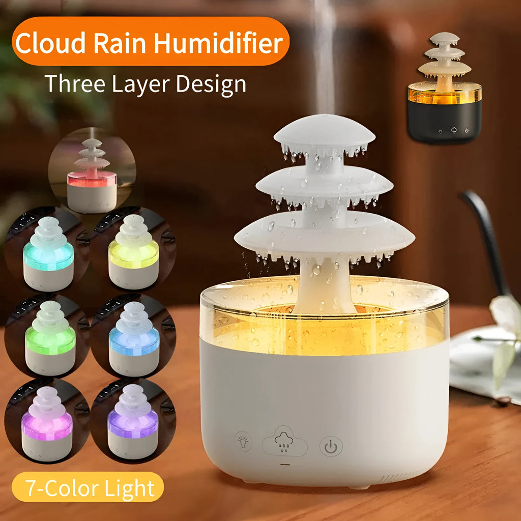 White Cloud Rain ultrasonic humidifier and essential oil diffuser with colourful LED lights on a table.