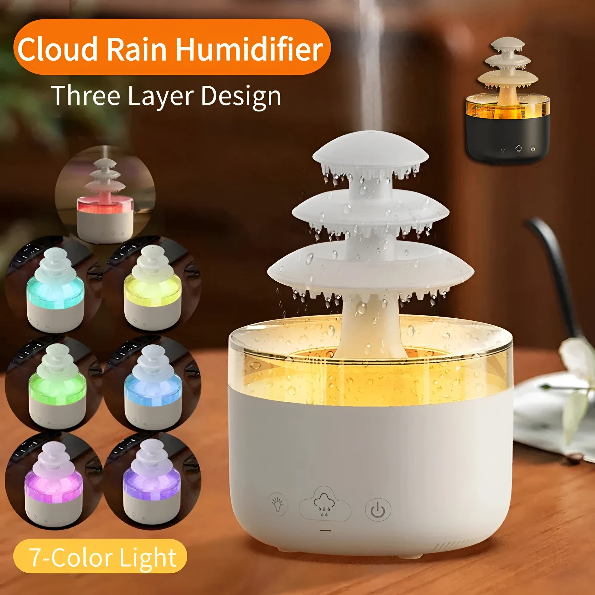 White Cloud Rain ultrasonic humidifier and essential oil diffuser with colourful LED lights on a table.