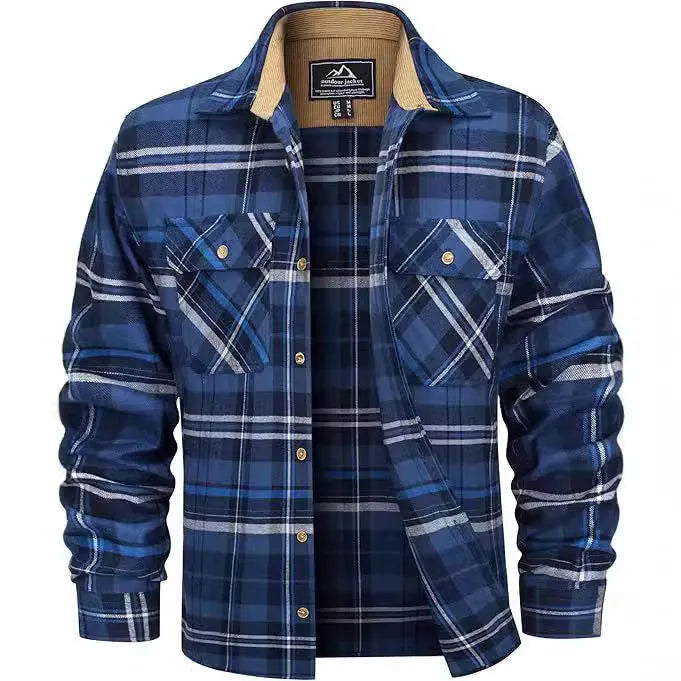 Men's button-down flannel shirt in a plaid pattern, shown on a hanger.