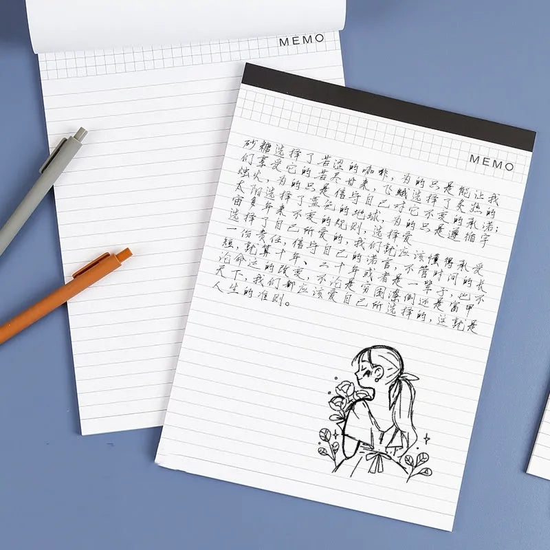 A4 tearable notebook with grid pages and wireless adhesive binding, paper cover
