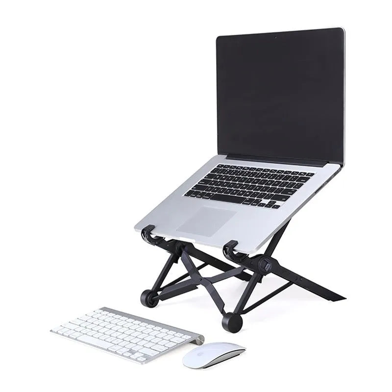 Black portable folding computer bracket shown at various heights up to 40cm with laptop