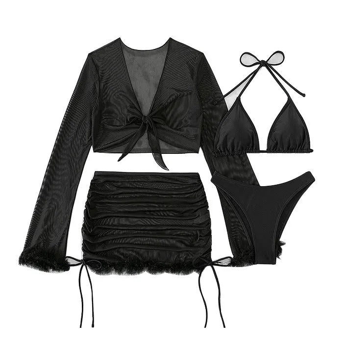 Black long sleeve bikini top and briefs set for women's swimming sports
