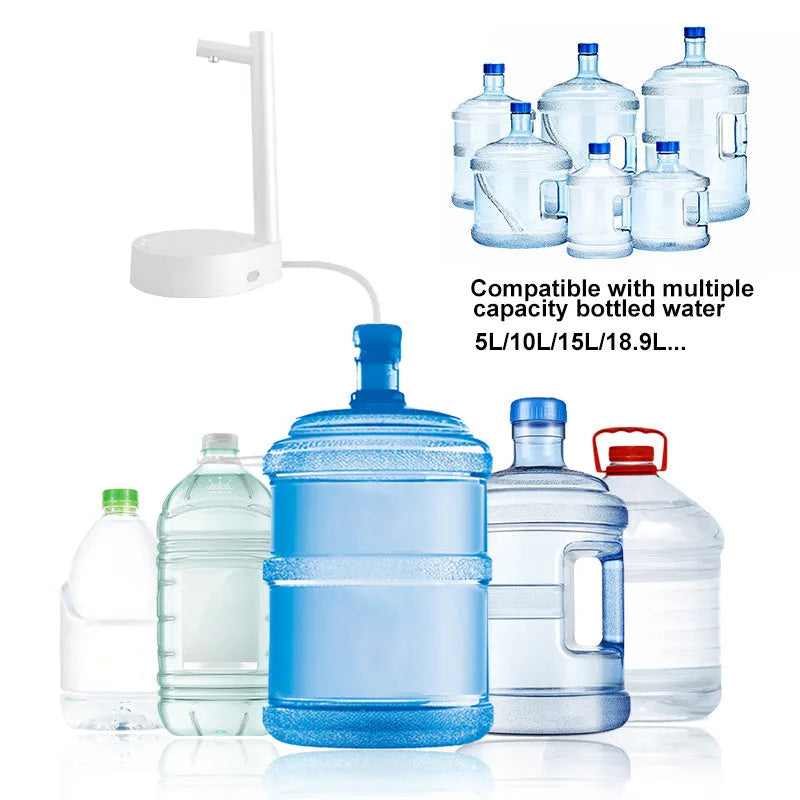 White electric water dispenser pump with USB charging cable next to gallon water bottle