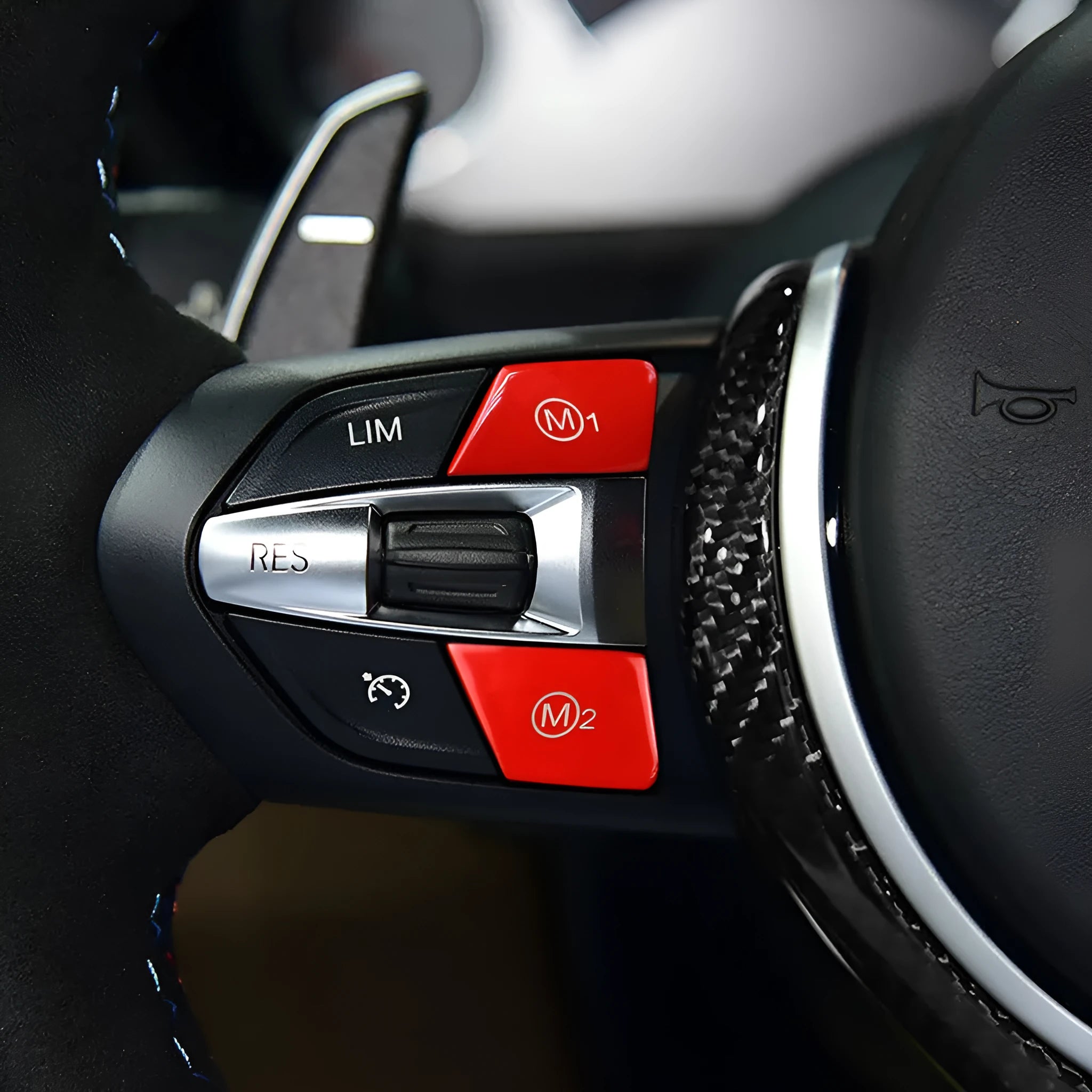 BMW steering wheel M1 M2 mode replacement buttons in red and blue colours