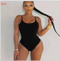 Women's solid colour backless bikini set in six colours on a mannequin, showing the triangle top and tie details.