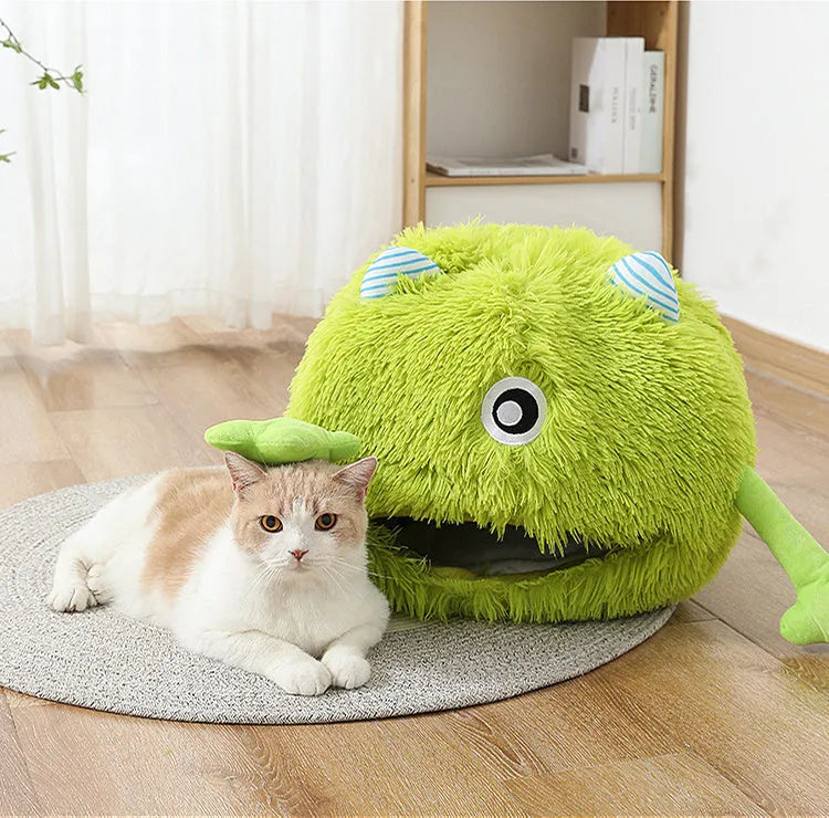 Round fluffy plush cat bed with non-slip base in three sizes for indoor pets