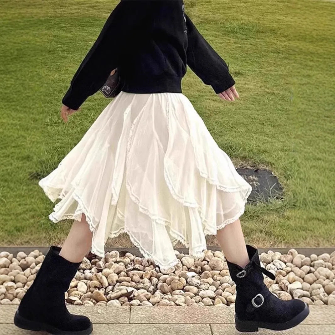 Apricot high-waisted A-line skirt with French irregular lace patch, short polyester skirt in sizes S to XL