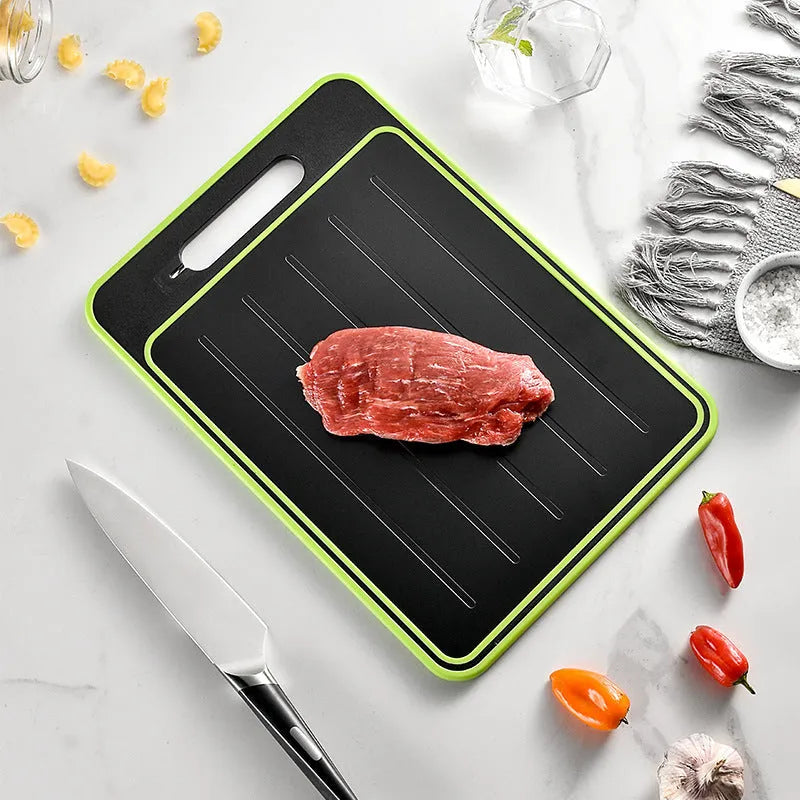 Grey square aluminium cutting board with double sides, grinding teeth, and integrated knife sharpener