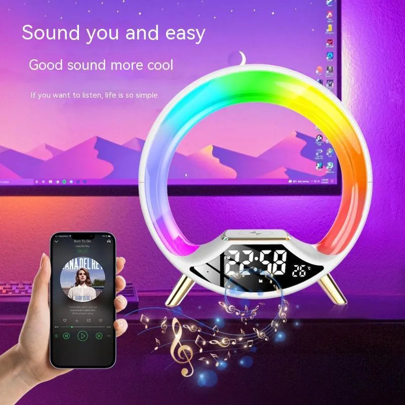 Black multifunctional bedside lamp with wireless charging pad, speaker grille, LED clock screen, and adjustable light.