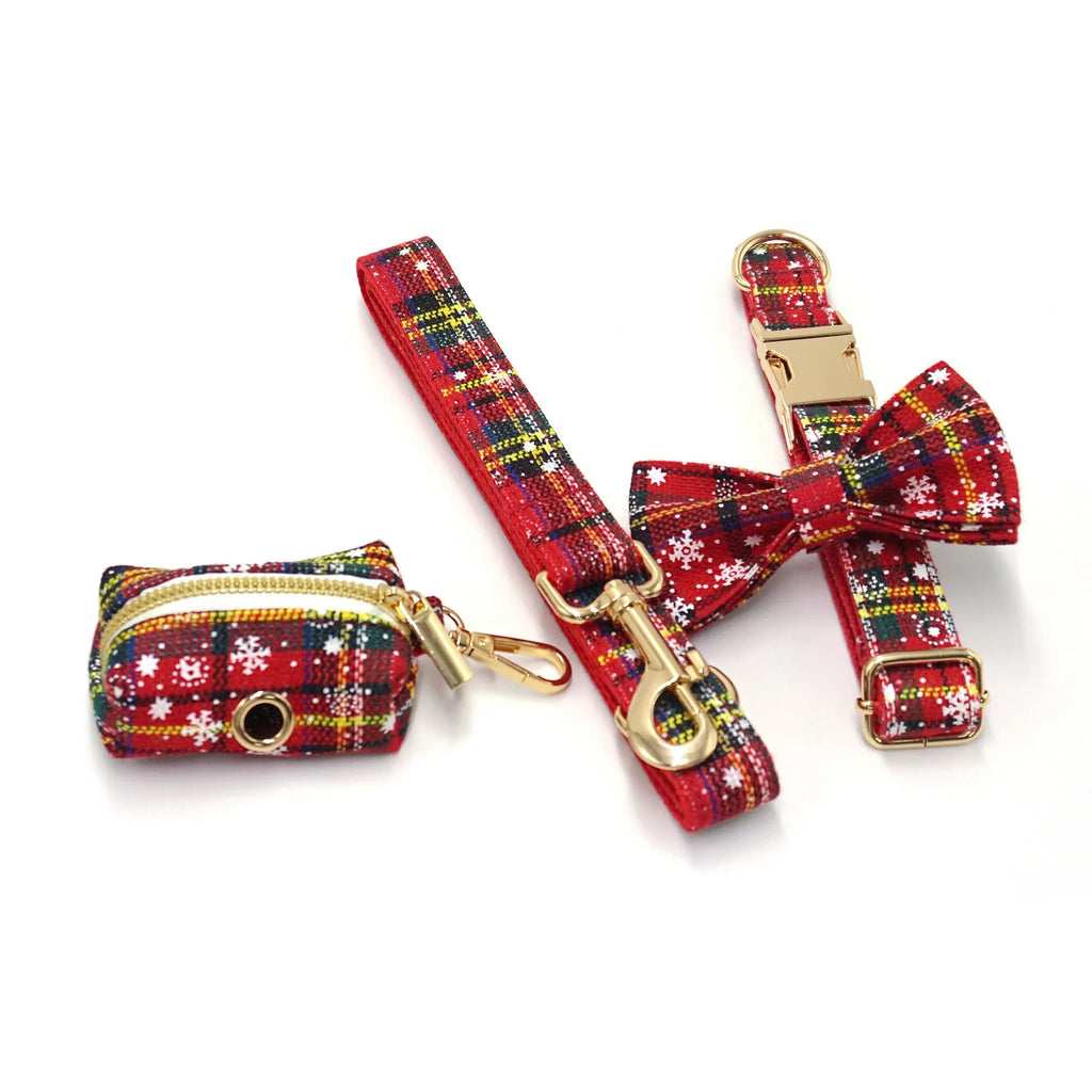Red Christmas pet collar set with matching traction rope, bow, chest back, and stool bag accessories
