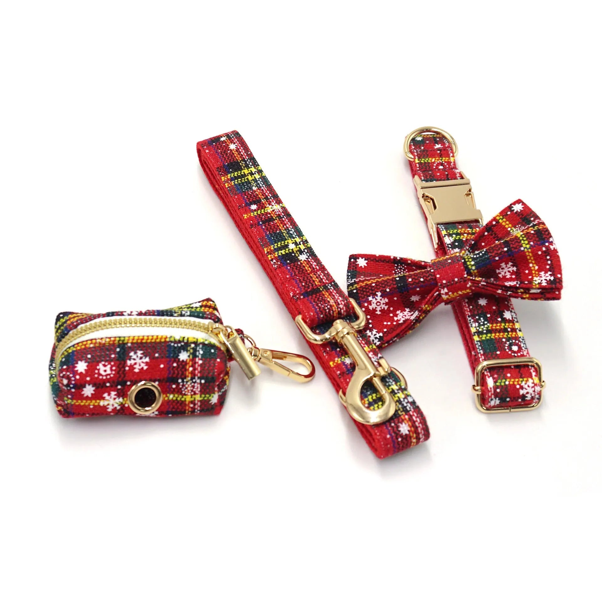 Red Christmas pet collar set with matching traction rope, bow, chest back, and stool bag accessories