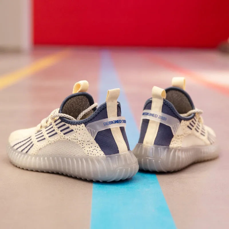 Men's white breathable flying fabric sports shoes with mesh lining and platform heel on a neutral background