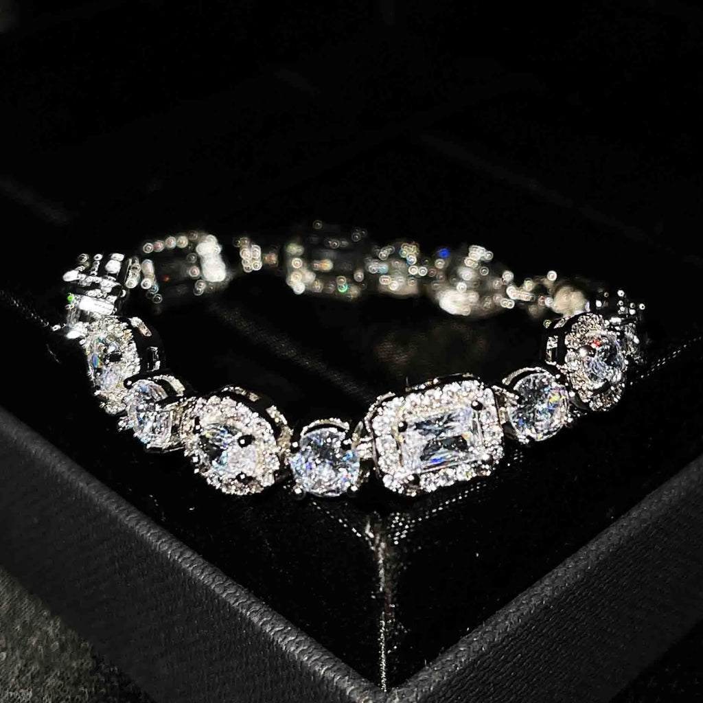 Women's geometric bracelet with adjustable 16-19cm length, copper white gold plating, and inlaid zircon stones