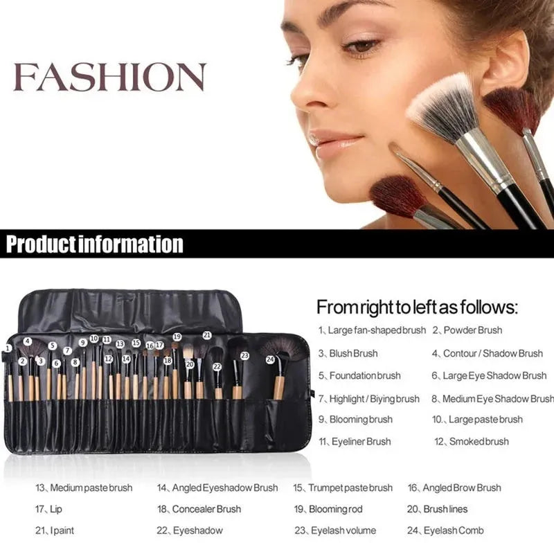 24-piece professional makeup brush set with wooden handles in protective PU gift bag packaging