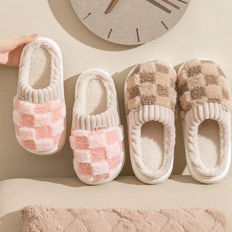 Plaid plush slippers for women with non-slip PVC sole and warm plush lining in multiple colours