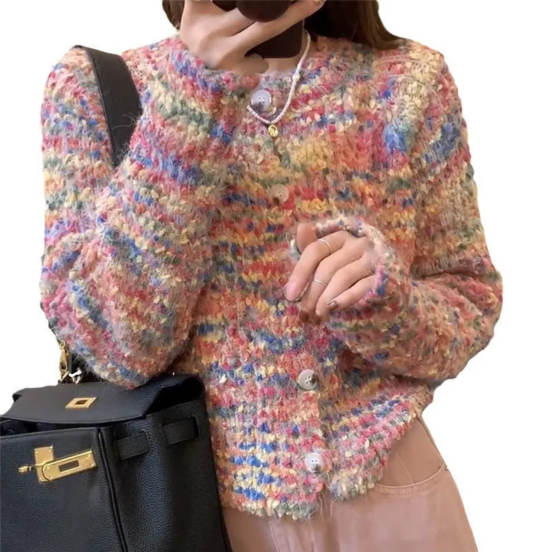 Retro gentle idle style knitted rainbow sweater in pink ice cream colour with slim fit design and medium thickness