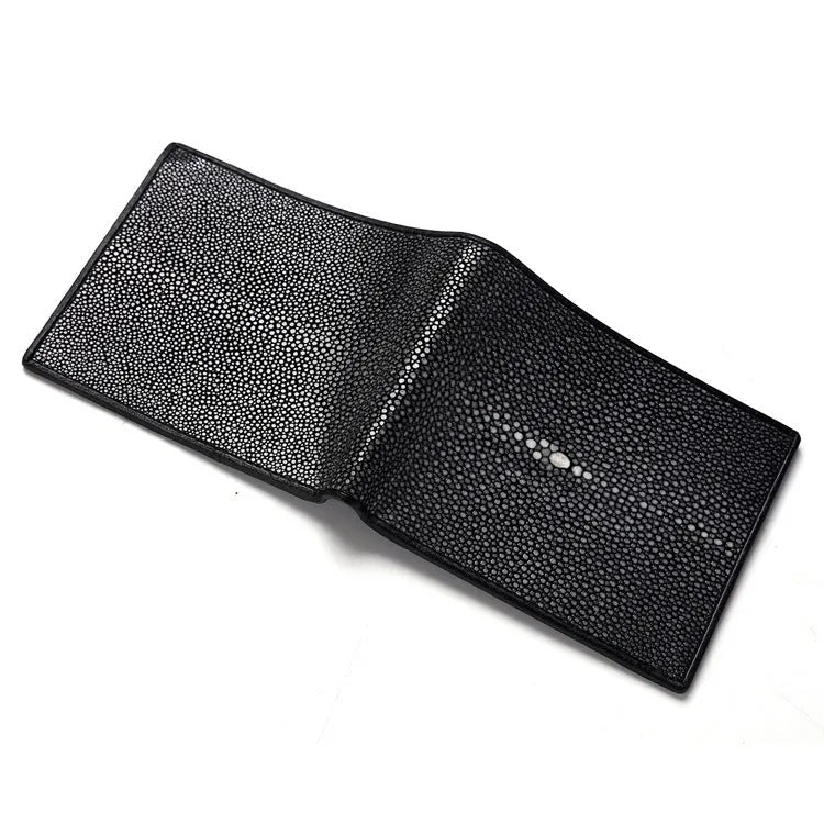 Genuine leather pearl fishskin texture wallet with horizontal square design and sewing thread detailing