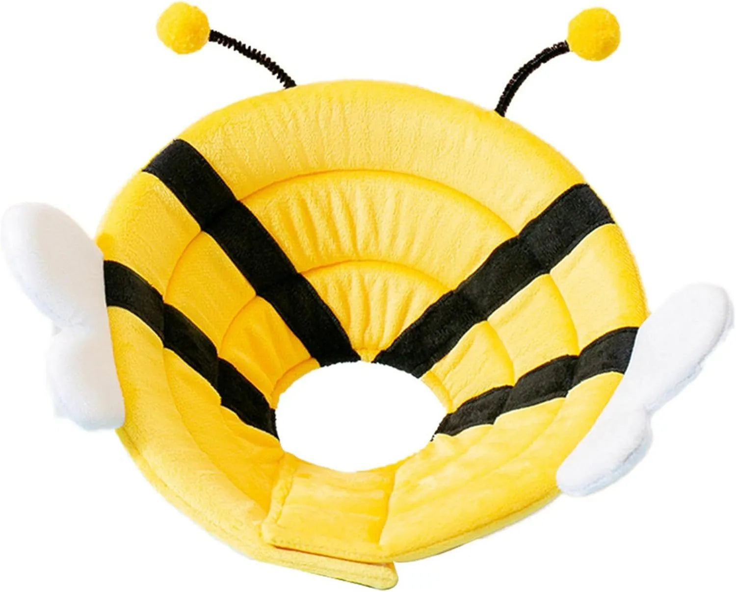 Soft white cat cone collar with black and yellow bee design, showing Velcro closure and approximate 20cm diameter