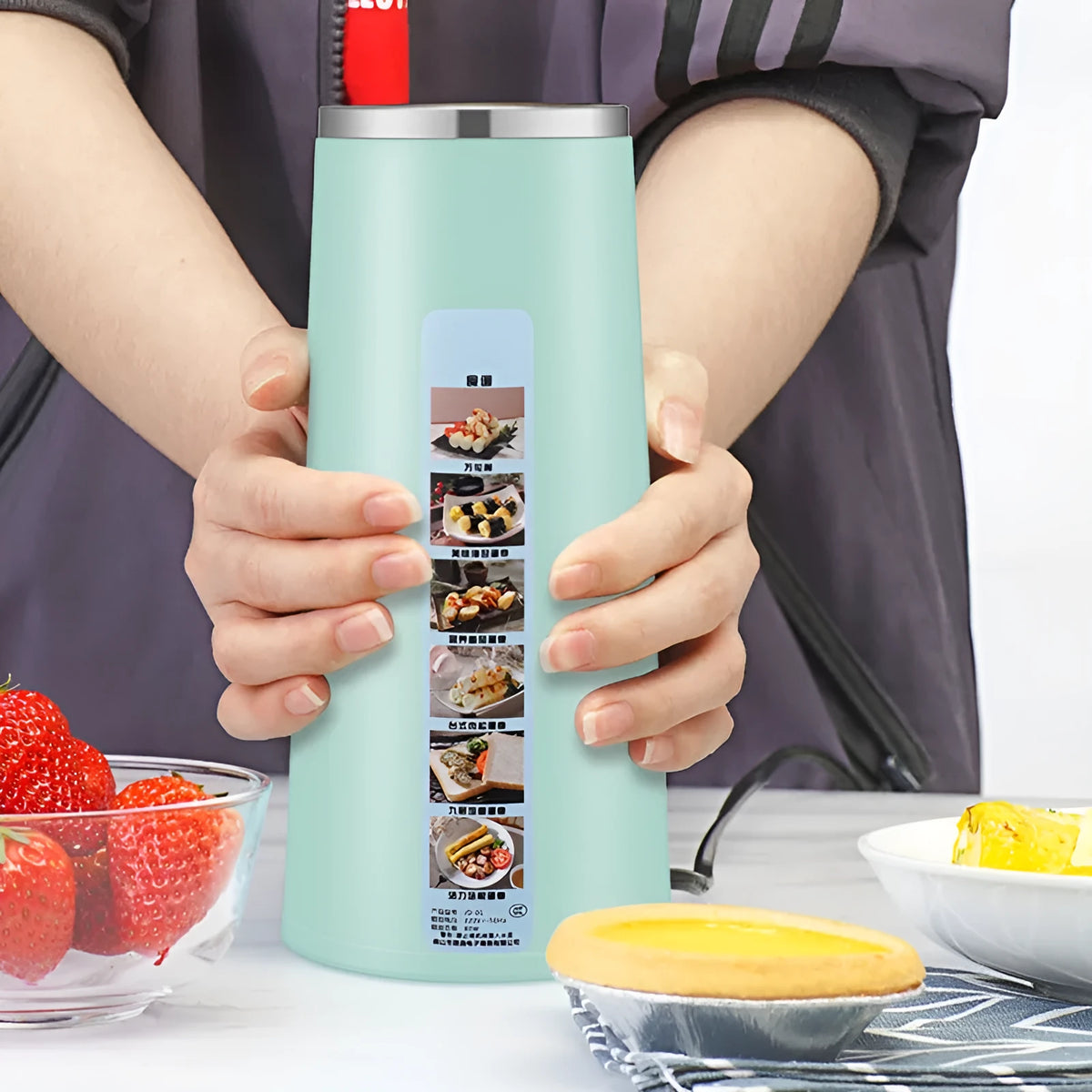 Compact 80W egg roll machine with stainless steel 304 top cover, pink or mint green sticker, 95mm x 200mm, for egg rolls and crispy sausages.