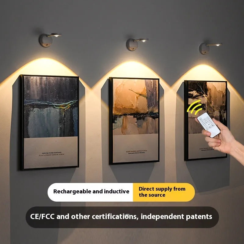 Geometric rechargeable wall lamp with remote control showing black and white colour options on modern interior wall