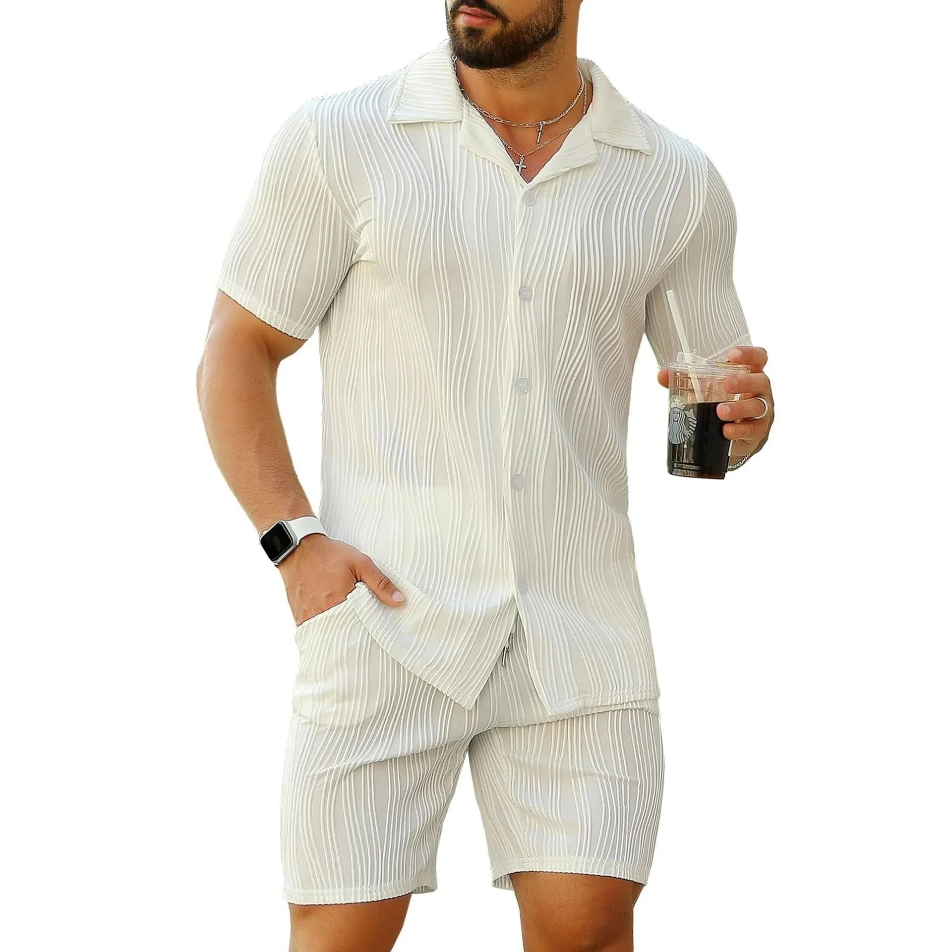 Men's black wave pattern short sleeve shorts suit laid flat showing shirt and matching shorts