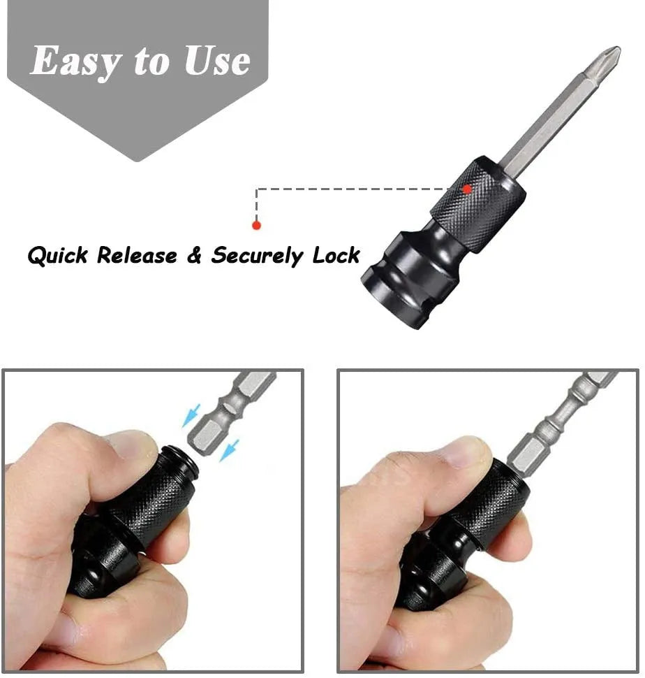Square turn hexagonal handle electric wrench telescopic bit holder showing 1/2 to 1/4 scaling mechanism
