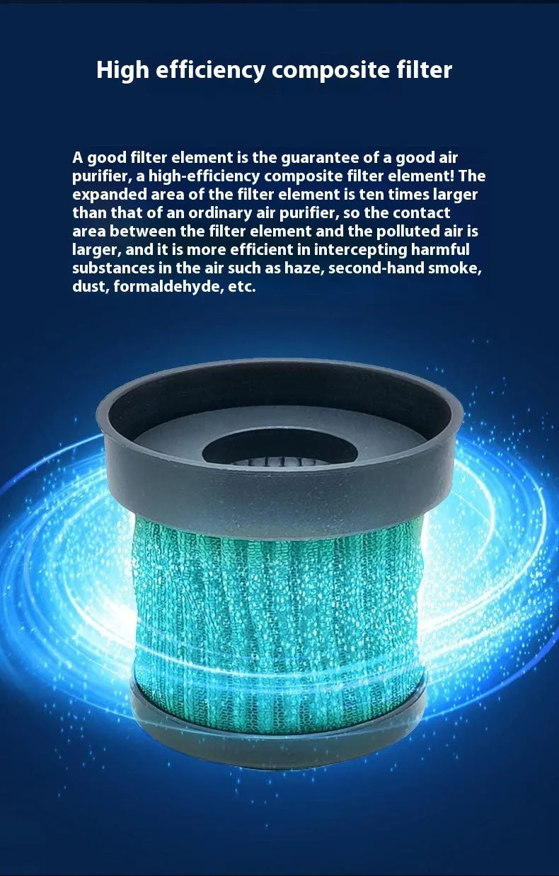 Black smart car air purifier for formaldehyde removal and ion generation, with USB cable.