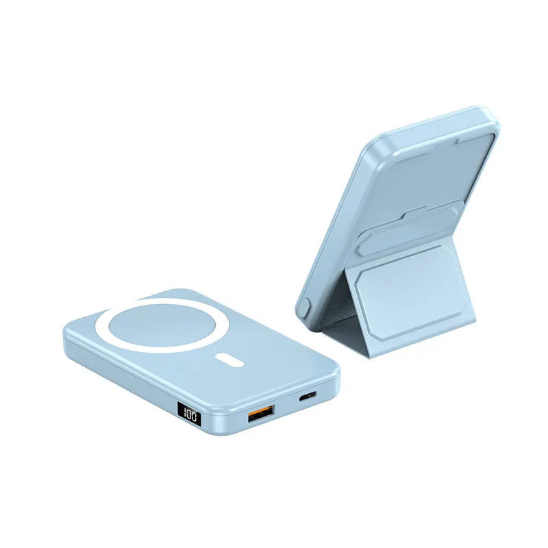 Magnetic suction wireless charging power bank with folding bracket in various colours.